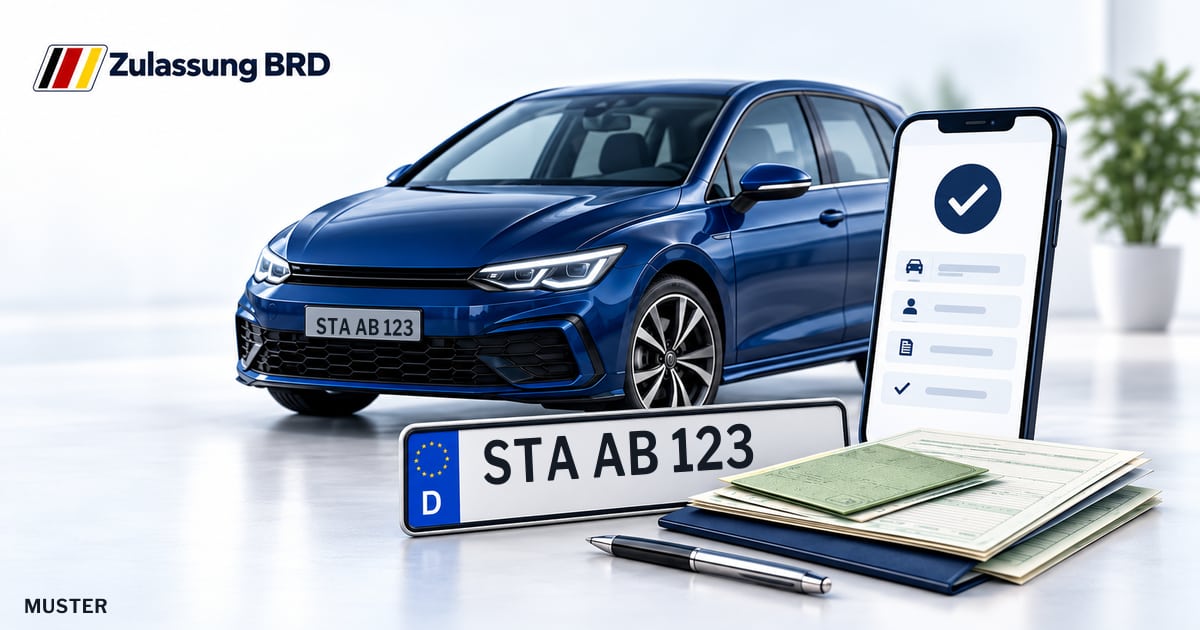 Online Fahrzeugzulassung in Herrsching a.Ammersee: Musterkennzeichen STA AB 123, Auto und Fahrzeugpapiere und Smartphone. Illustration mit Logo von Zulassung BRD.